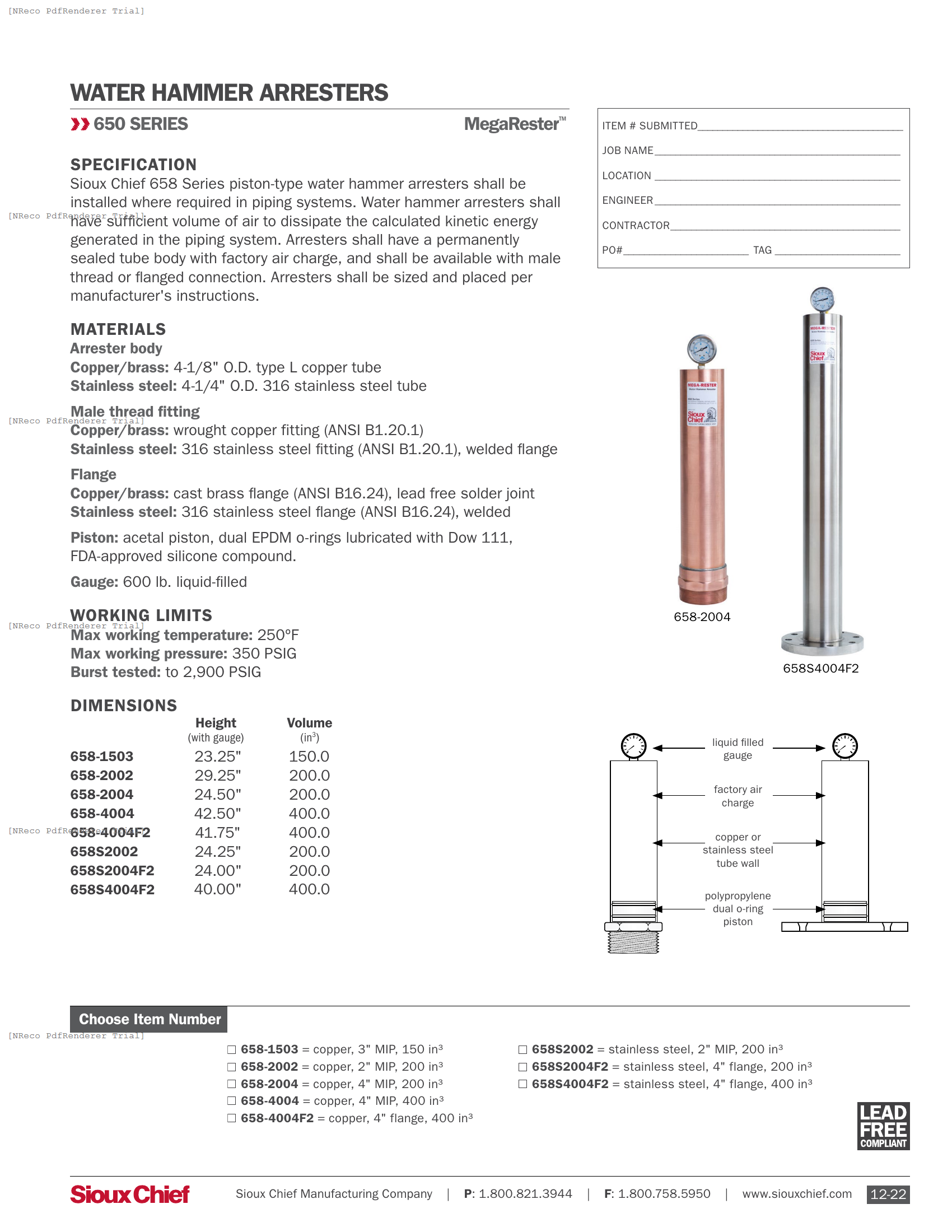 658 SERIES - MEGARESTER WATER HAMMER ARRESTER - SPEC SHEET.PDF Specification Document